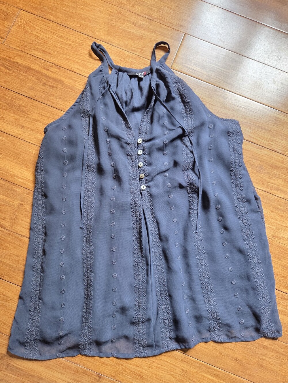 DH3 Navy Floral Embroidered Boho Sleeveless Tank Top Lace Shell Medium Flowy